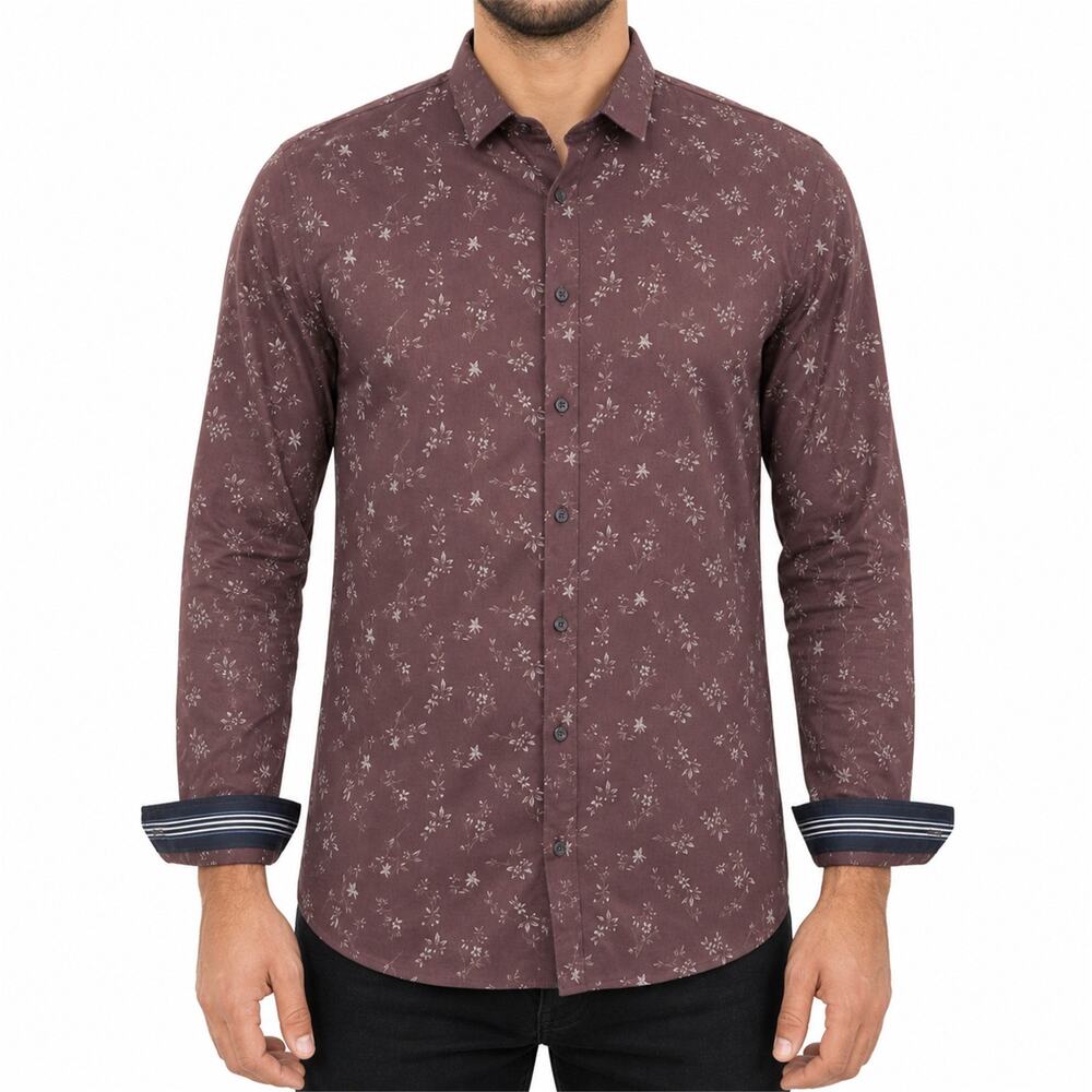 Zara Man Shirt Mens XL Brown Floral Cotton Slim Fit Flip Cuff Classic Button-Up